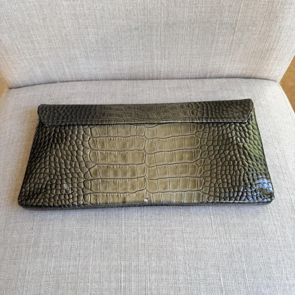 Nordstrom Wallet Womens One Size Green Croc Embossed Leather Envelope Checkbook